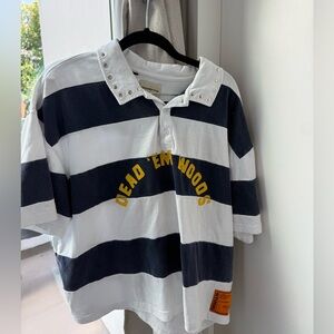 Oversized Striped Rugby Polo Shirt with Studded Collar - White & Navy